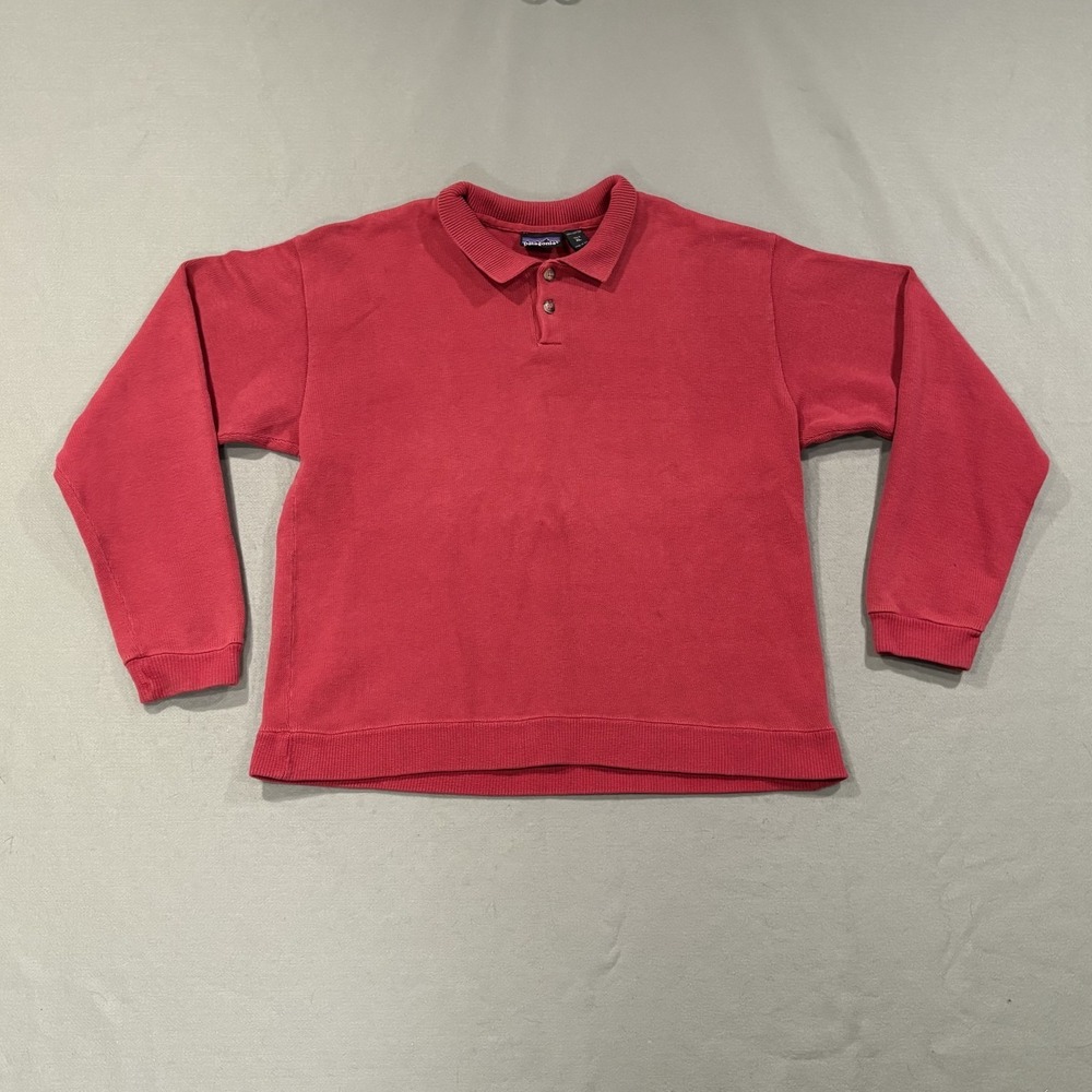 Patagonia Sweater Men XL Red Collared Cotton Waffle-Knit Pullover Button